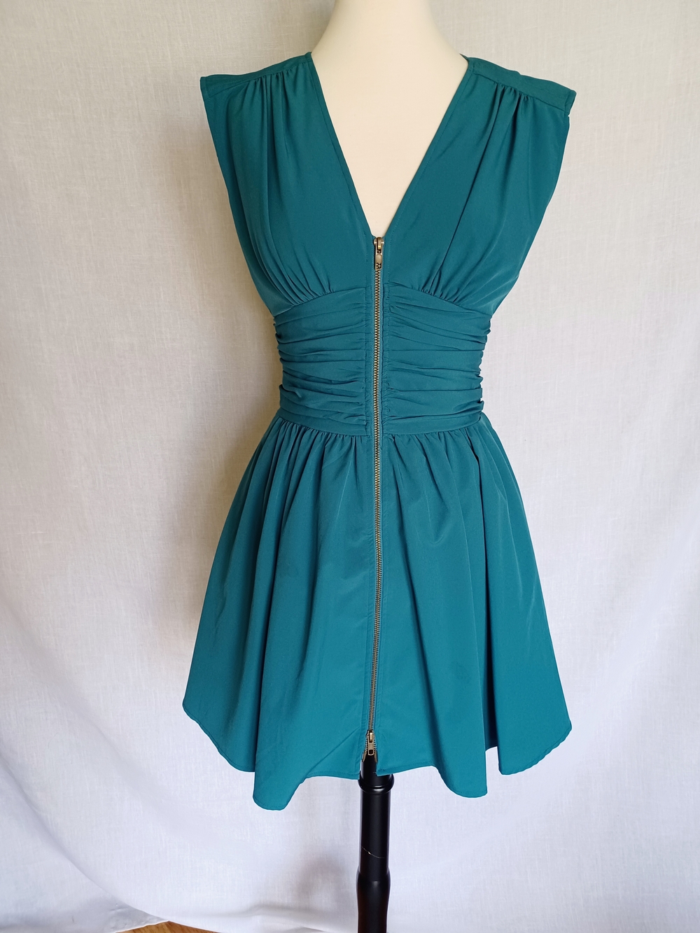Ark & Co Teal V-Neck Ruched Waist Mini Dress with Front Zip